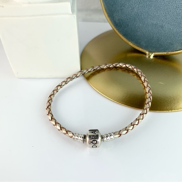 Pandora Woven Champagne Leather Bracelet Size 7.1" - Picture 2 of 8